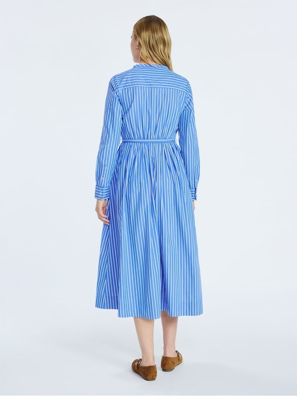 Blue Striped Long-Sleeve Shirt Dress with Tie Waist - Picture 2 of 6